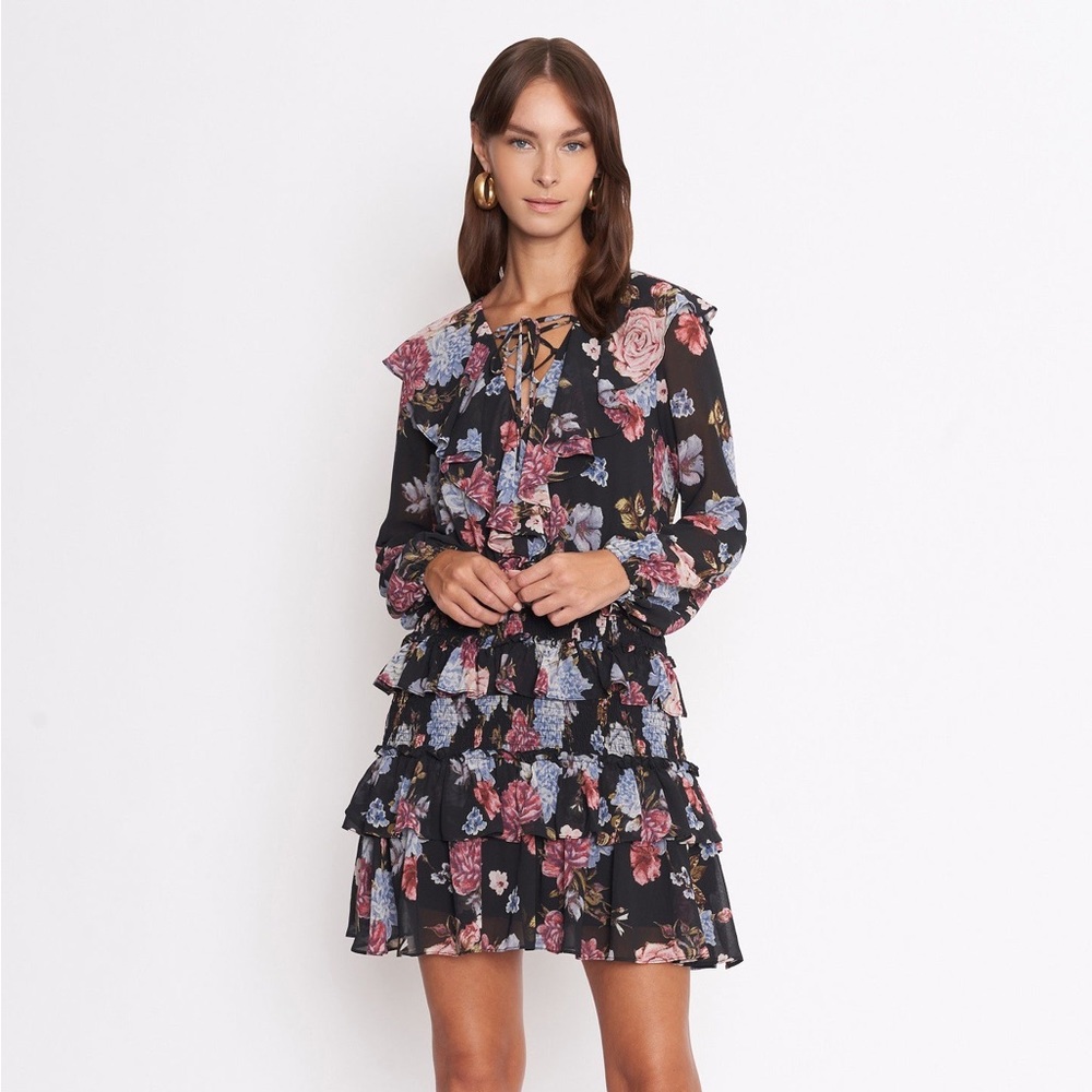 Black Floral Long Sleeve Ruffle Dress